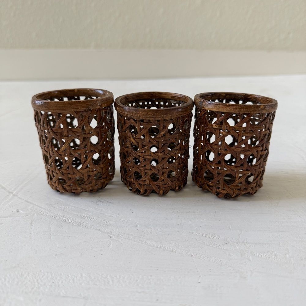 Vintage Cane Rattan Webbing Candleholders/Vases Set of 3